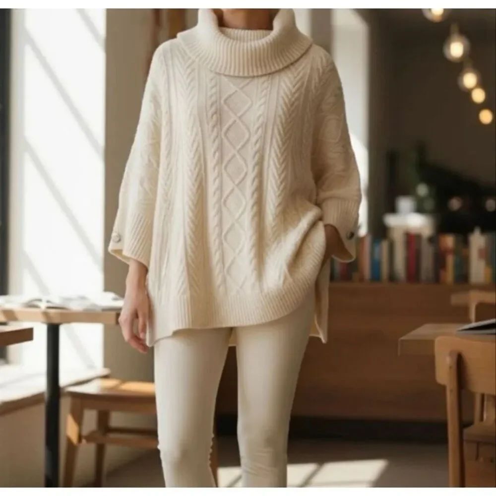 White House Black Market Turtleneck Poncho in Cream L/XL